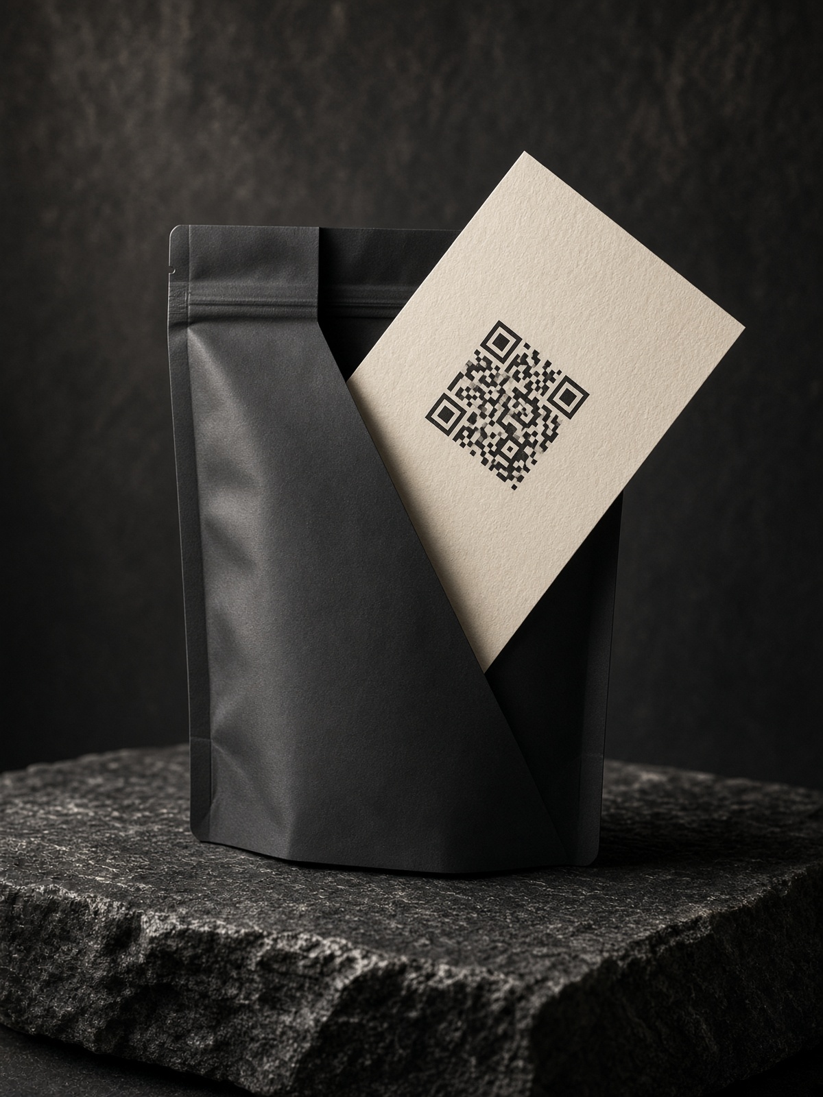 Matte pouch with a cream QR slip sliding out